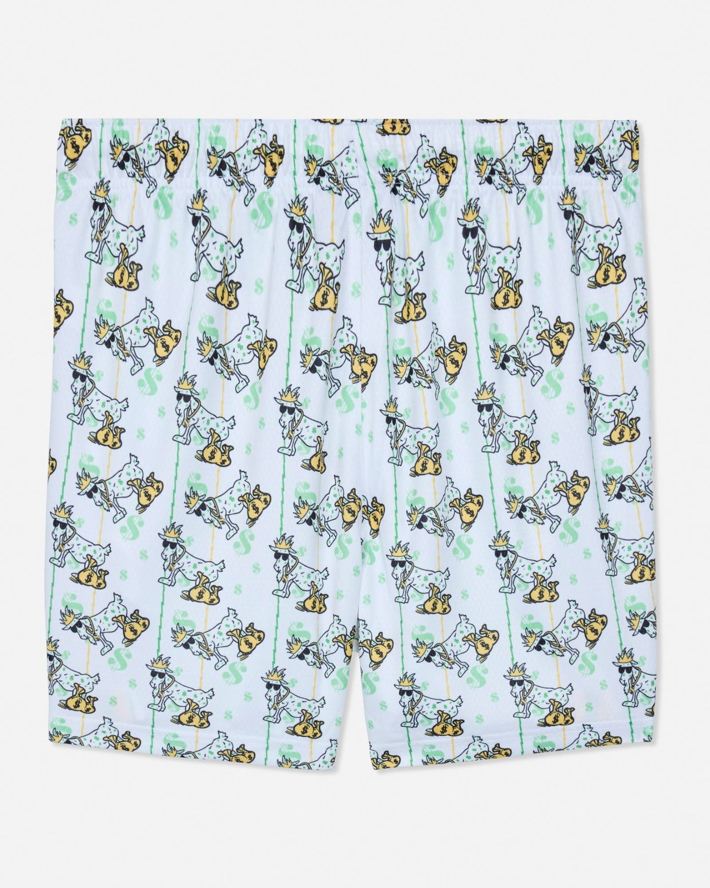 Shorts with a cartoon goat pattern on a white background