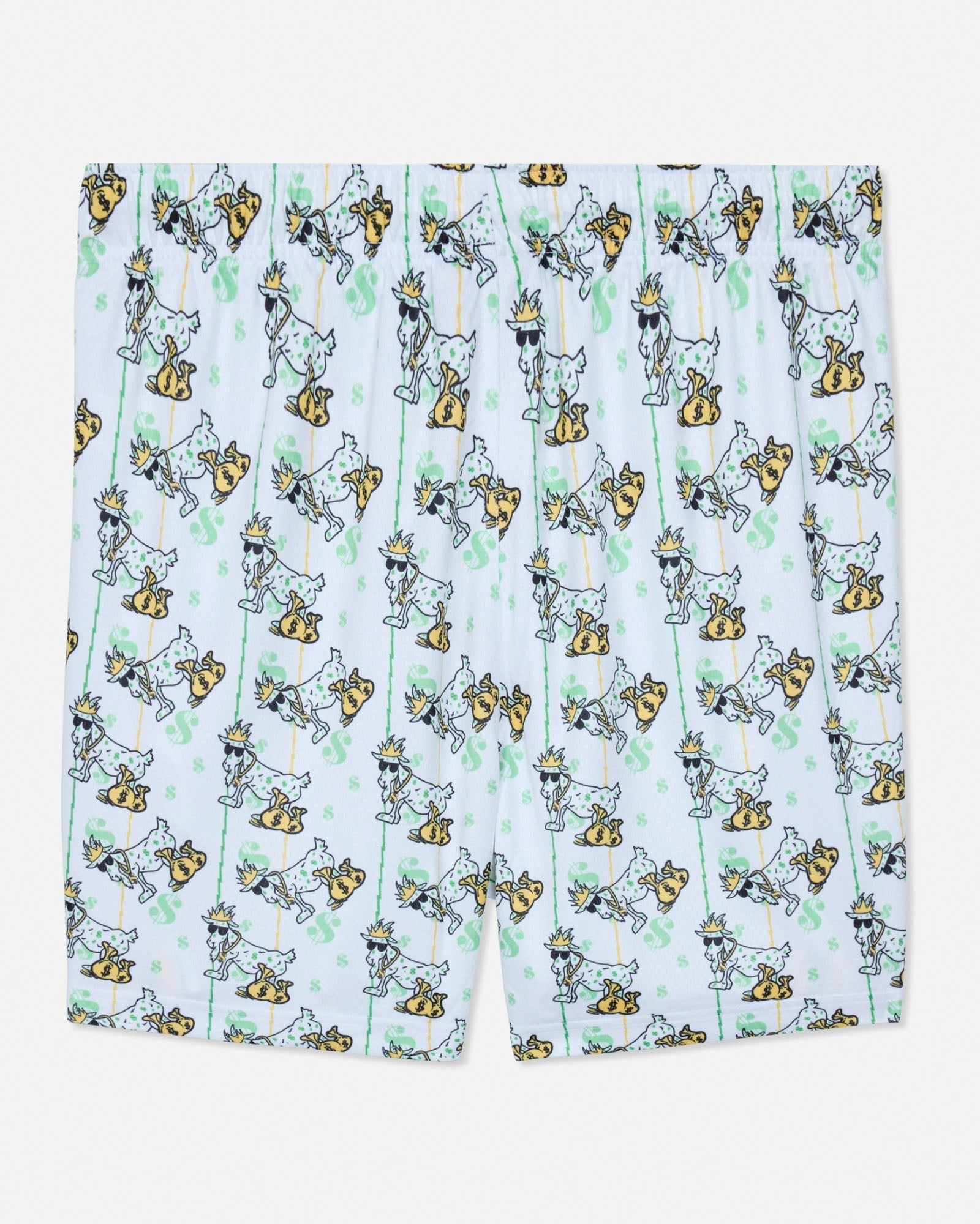 Shorts with a cartoon goat pattern on a white background