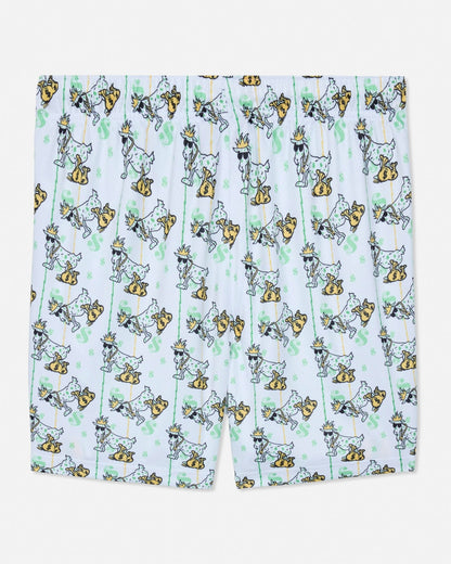 Shorts with a cartoon goat pattern on a white background