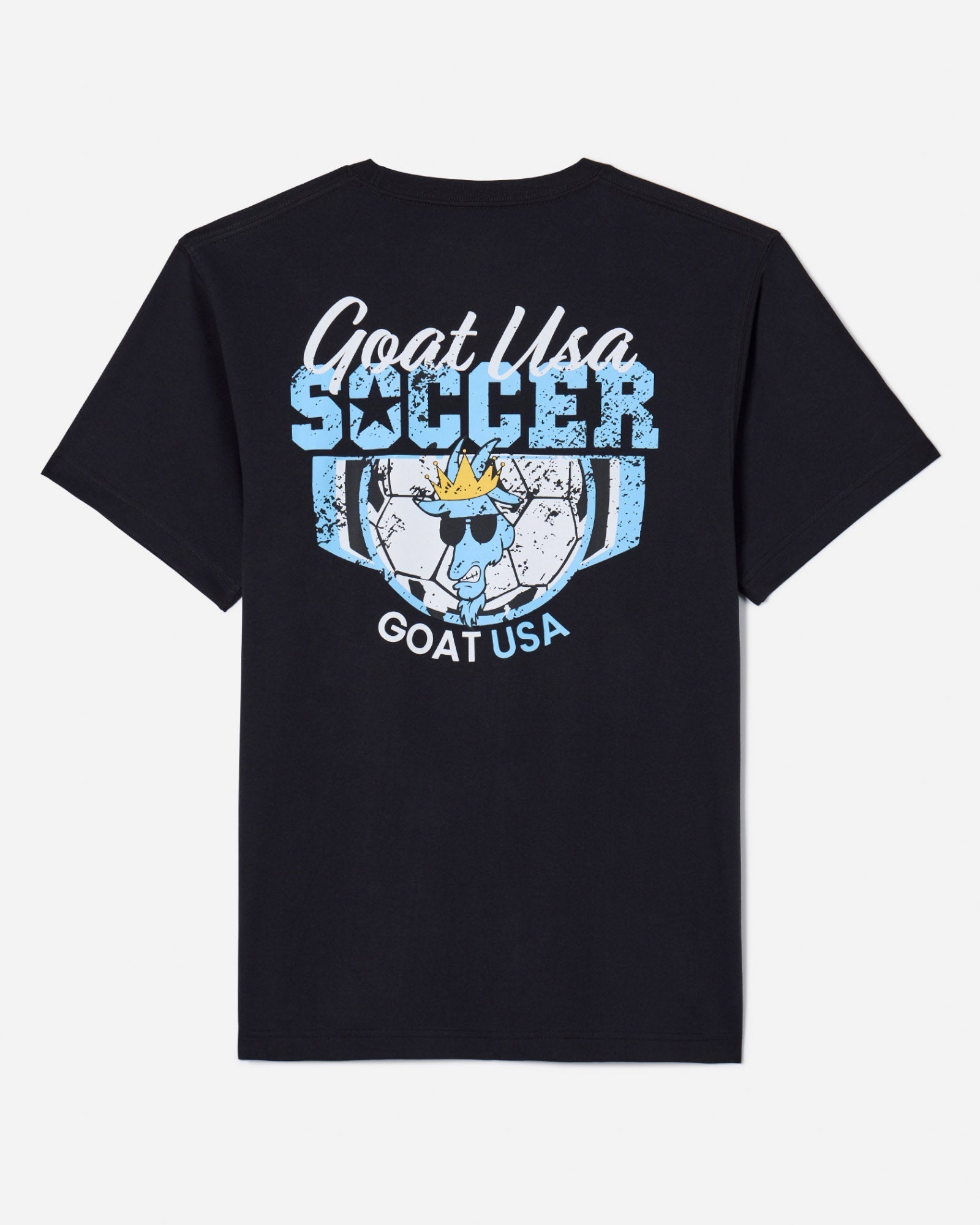 Back of black t-shirt with soccer design that reads "GOAT USA SOCCER"