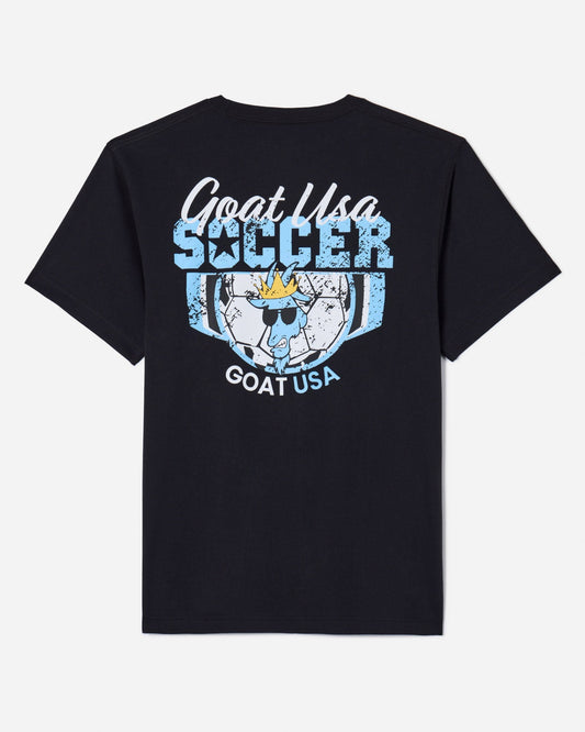 Back of black t-shirt with soccer design that reads "GOAT USA SOCCER"