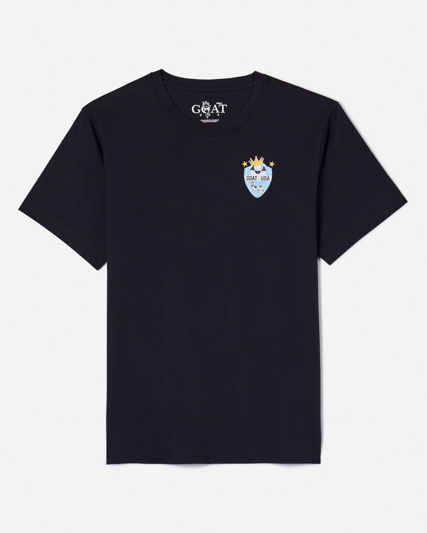 Front of black t-shirt with GOAT USA soccer design