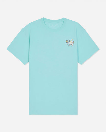 Front of mint t-shirt with cereal goat left-chest graphic