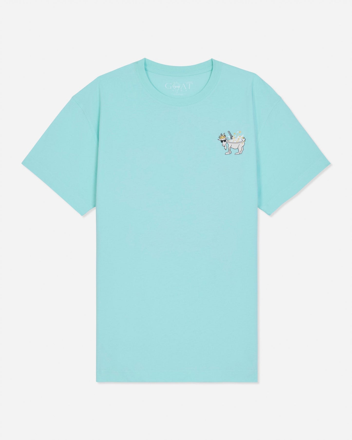 Front of mint t-shirt with cereal goat left-chest graphic