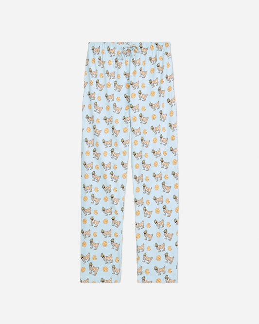 Front of ice blue pajama pants with cookie and cookie goats pattern