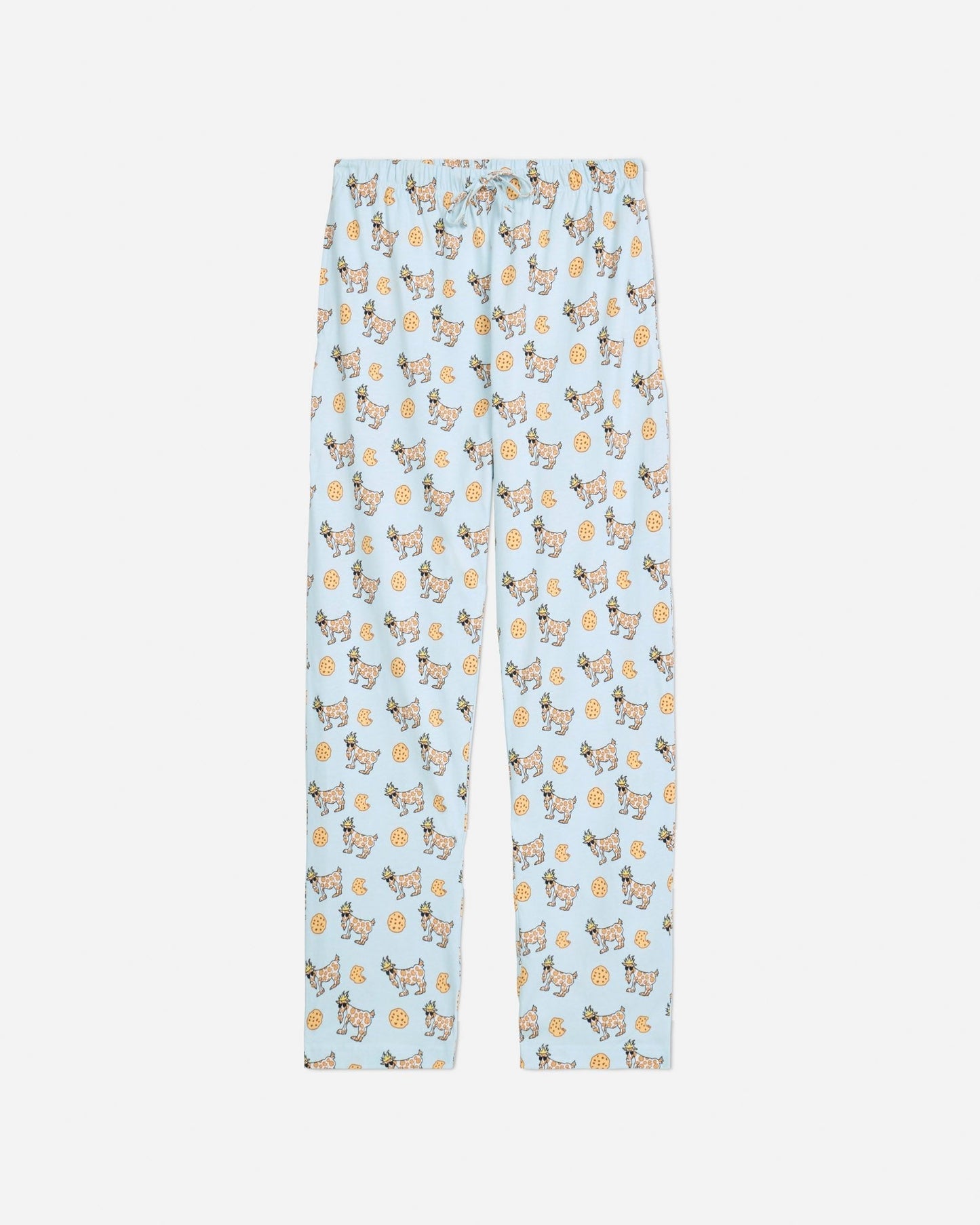 Front of ice blue pajama pants with cookie and cookie goats pattern