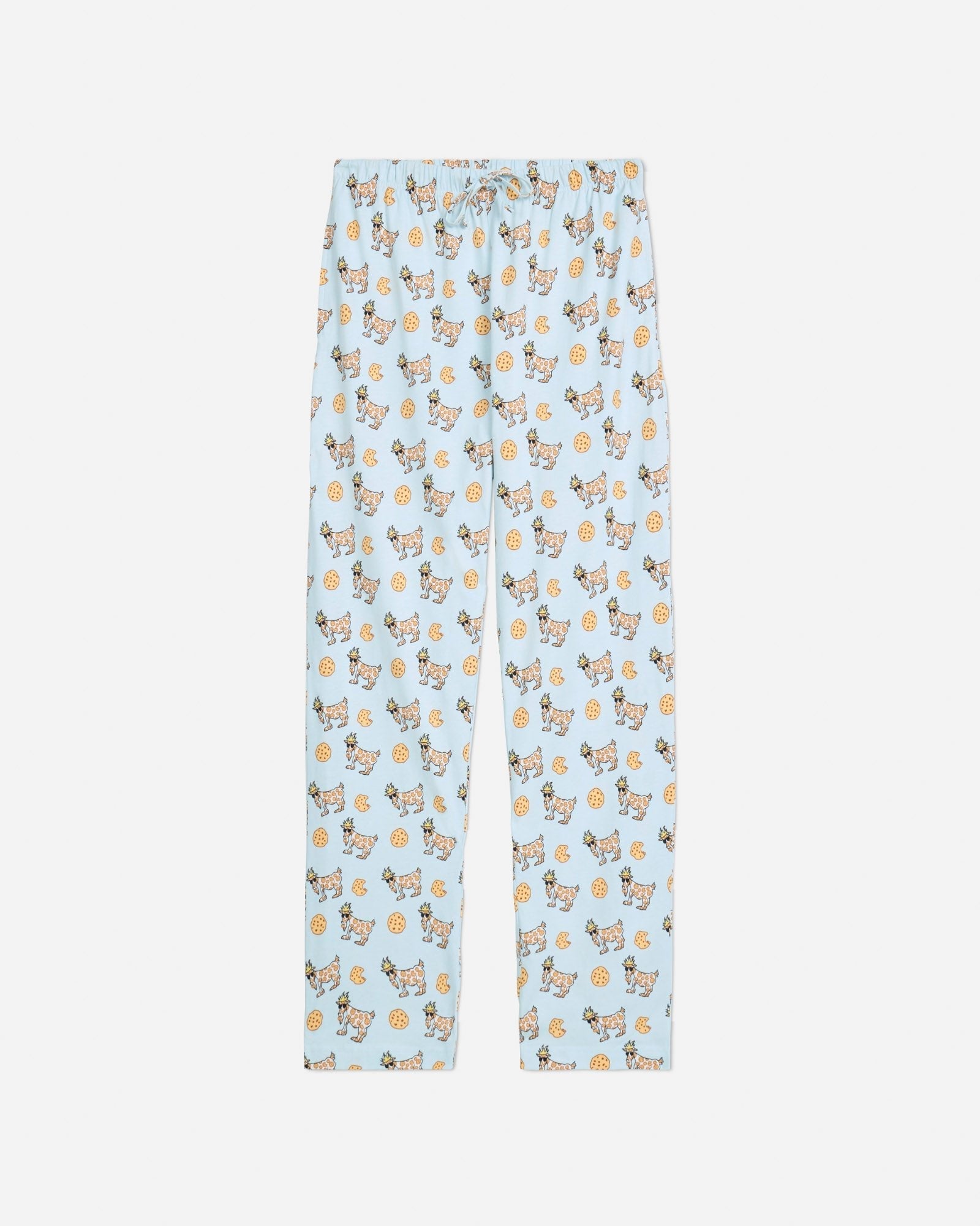 Front of ice blue pajama pants with cookie and cookie goats pattern