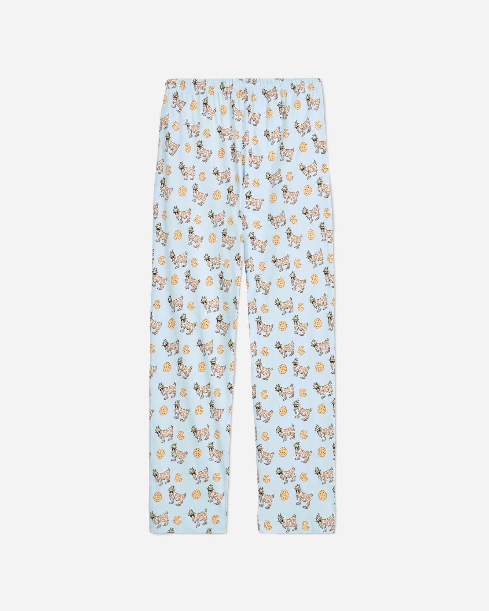 Back of ice blue pajama pants with cookie and cookie goats pattern
