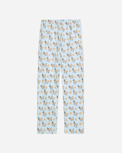 Back of ice blue pajama pants with cookie and cookie goats pattern