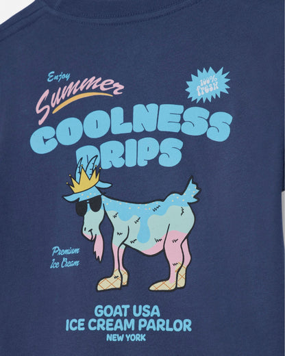 Navy blue t-shirt with a cartoon goat graphic and text on a plain background