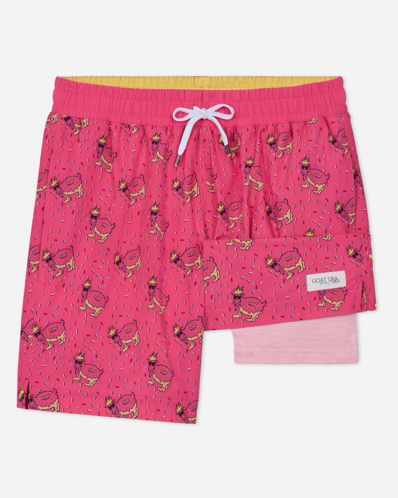 Pink shorts with a pattern on a white background