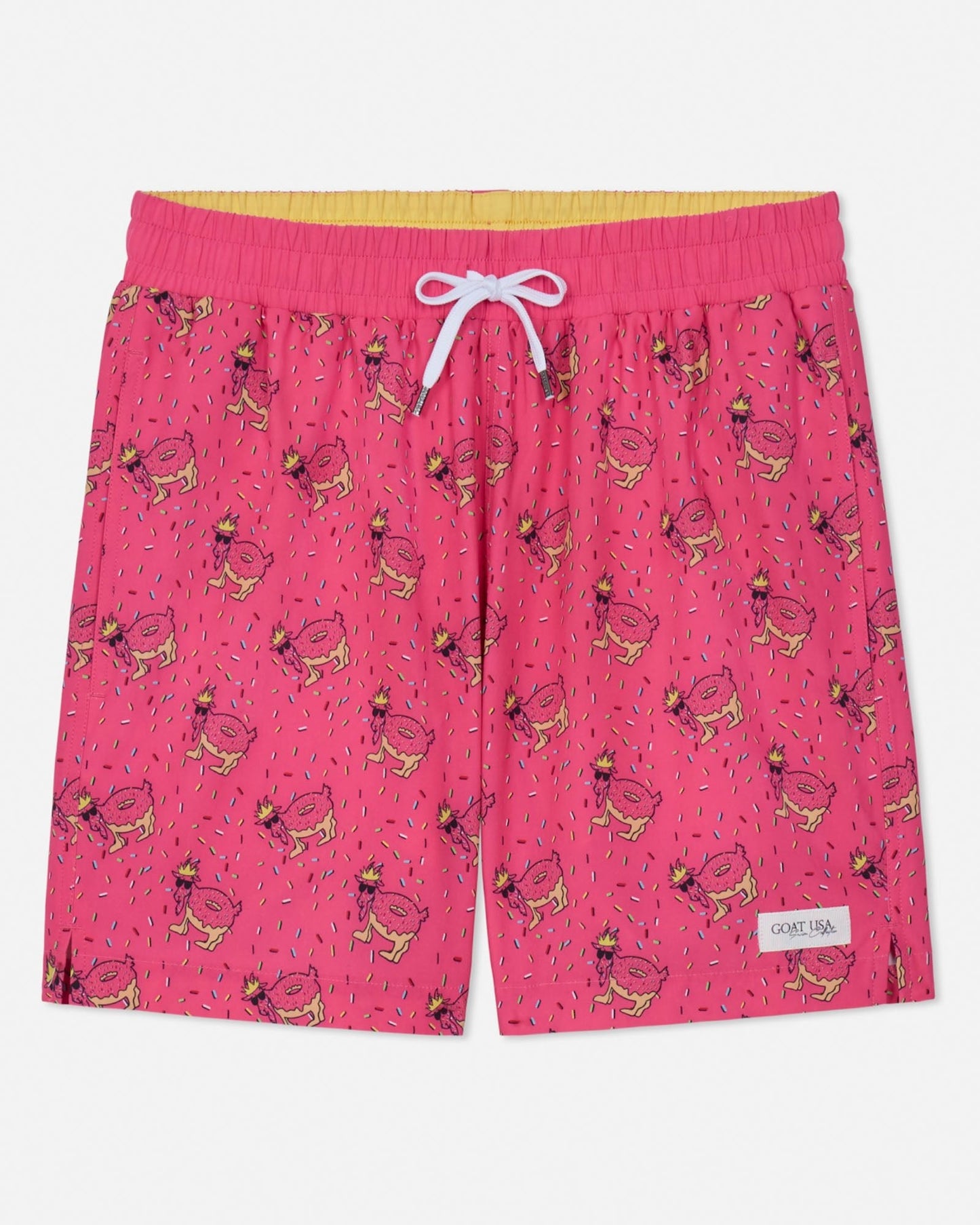 Pink swim shorts with a pattern on a white background