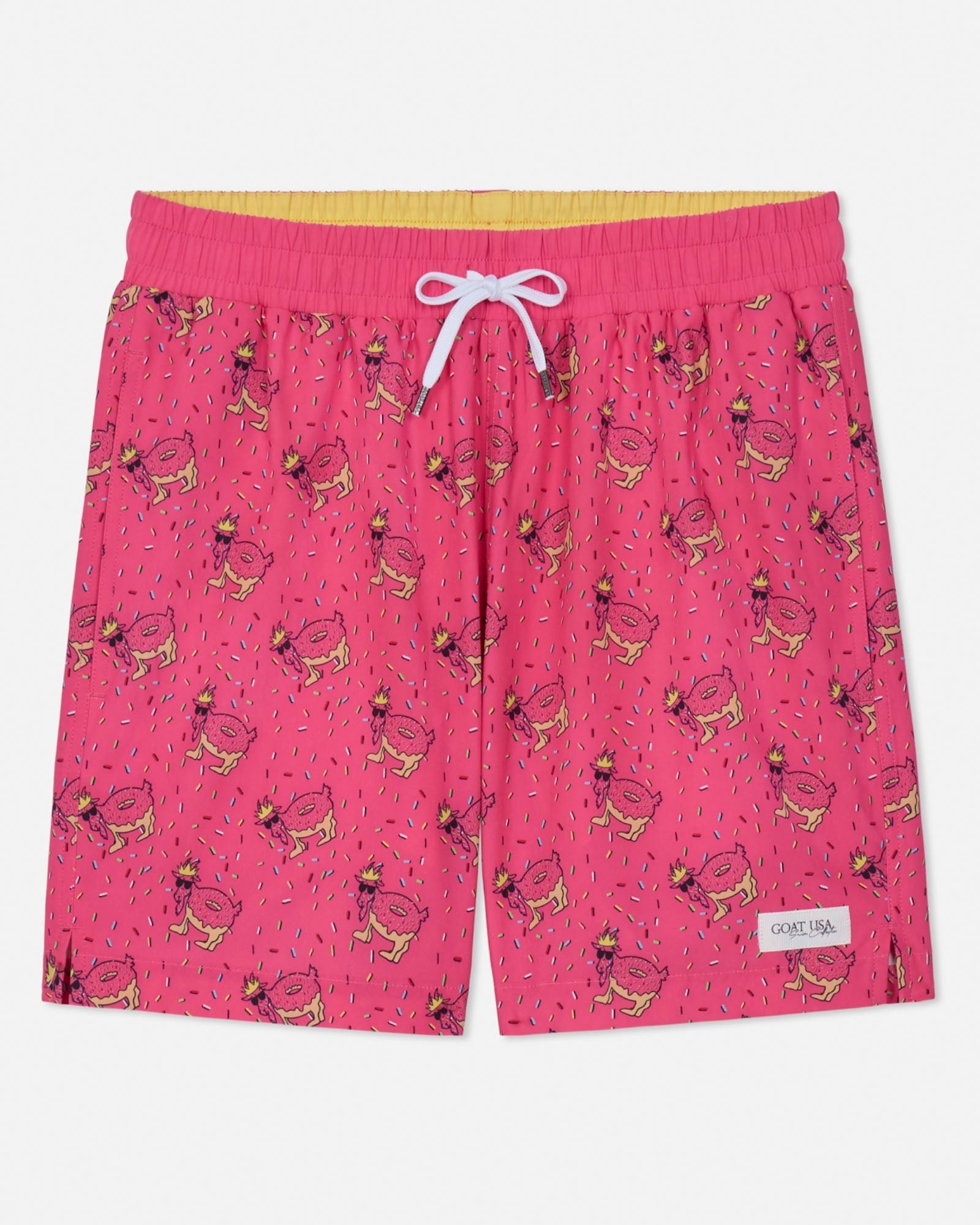 Pink swim shorts with a pattern on a white background