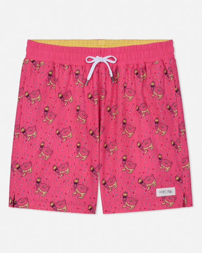 Pink swim shorts with a pattern on a white background