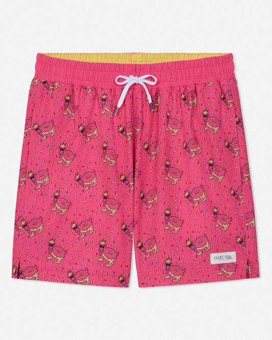 Pink swim shorts with a pattern on a white background
