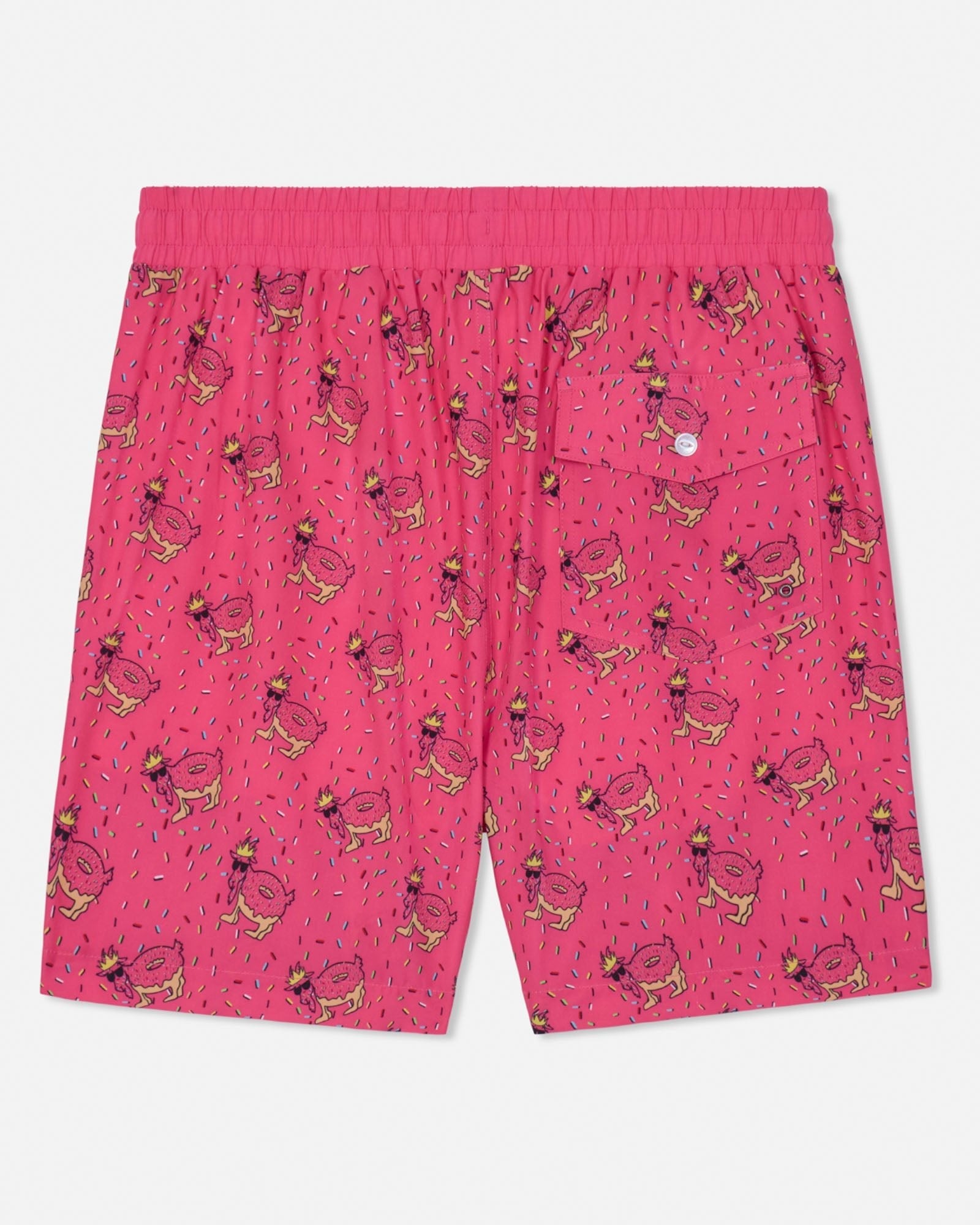Pink shorts with donut goat pattern on a white background