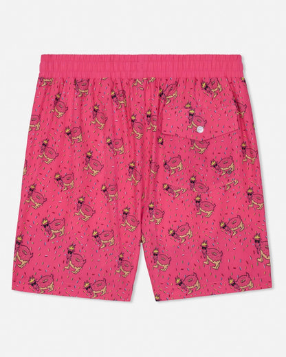 Pink shorts with donut goat pattern on a white background