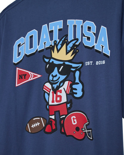 Close-up of football player goat graphic on a navy t-shirt