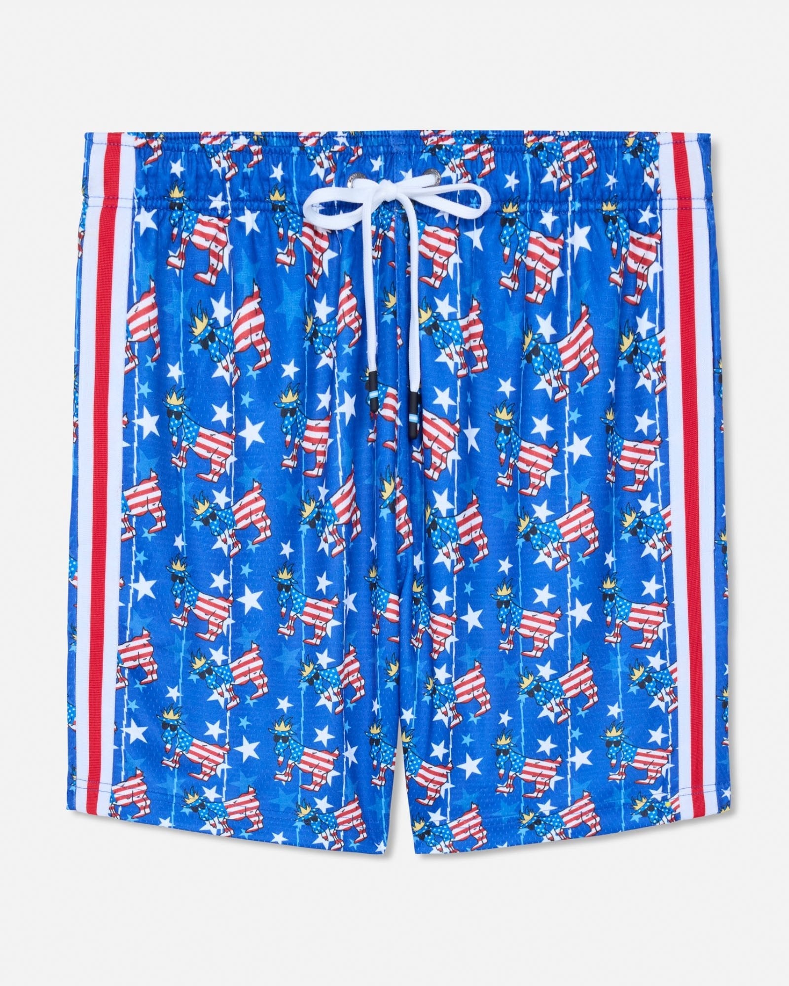 Blue shorts with American flag pattern on a white background