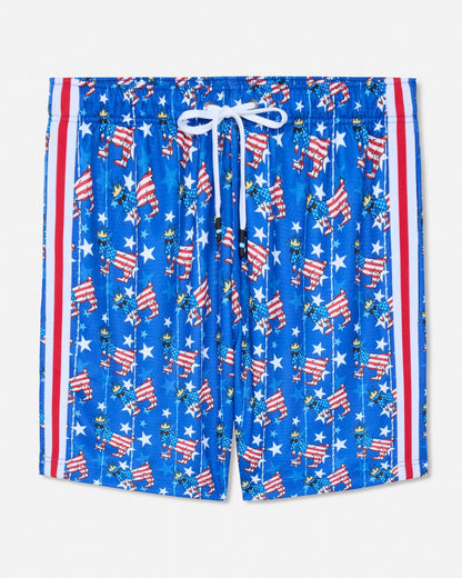 Blue shorts with American flag pattern on a white background