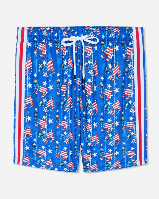 Blue shorts with American flag pattern on a white background