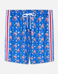 Blue shorts with American flag pattern on a white background