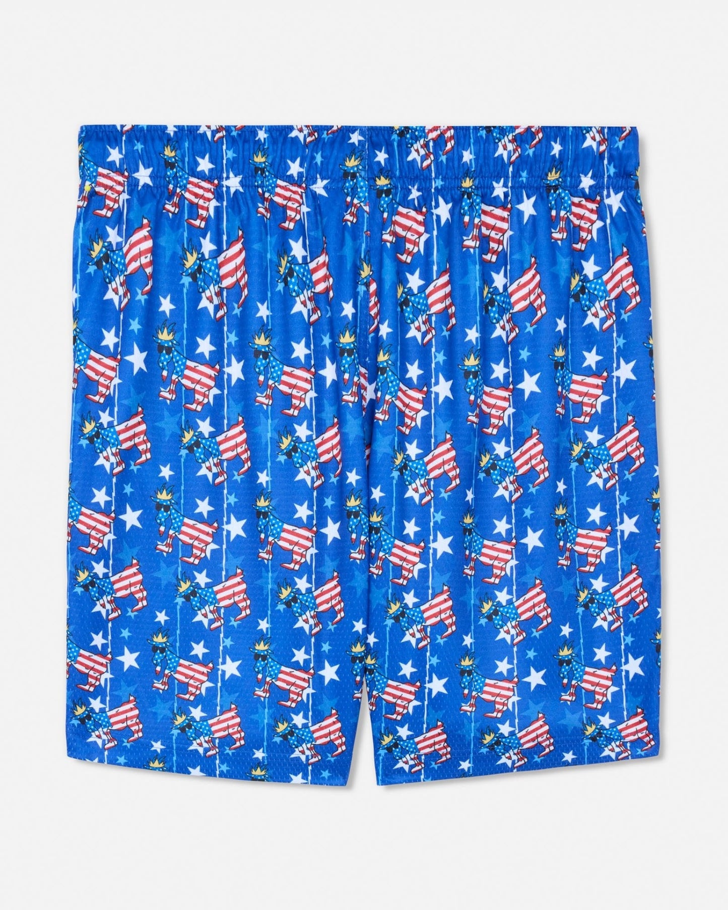 Blue shorts with American flag pattern on a white background