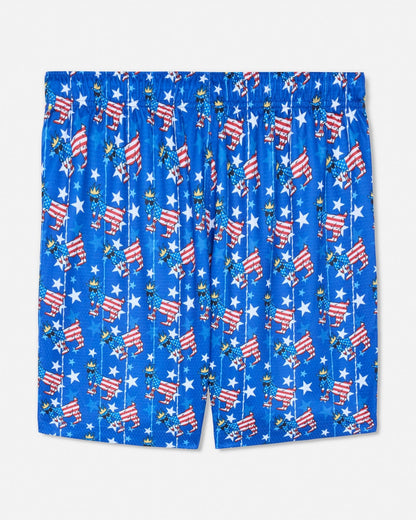 Blue shorts with American flag pattern on a white background