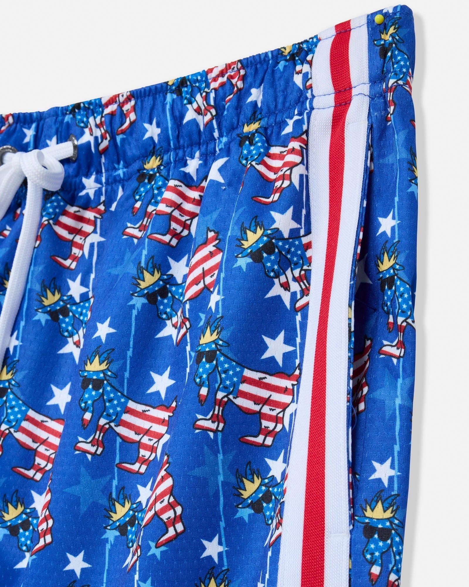 Blue shorts with American flag pattern on a white background