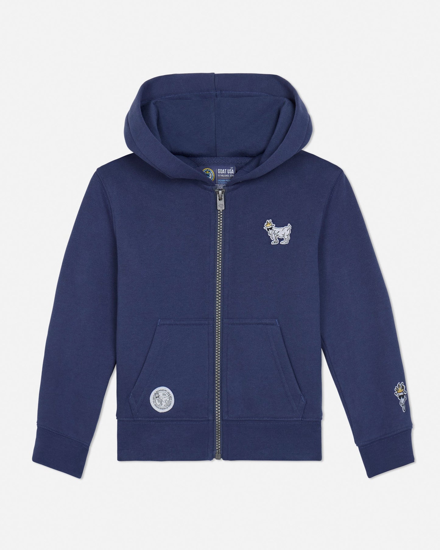 Navy blue toddler-sized hoodie with brand logo on a light gray background#color_navy