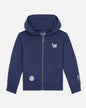 Navy blue toddler-sized hoodie with brand logo on a light gray background#color_navy