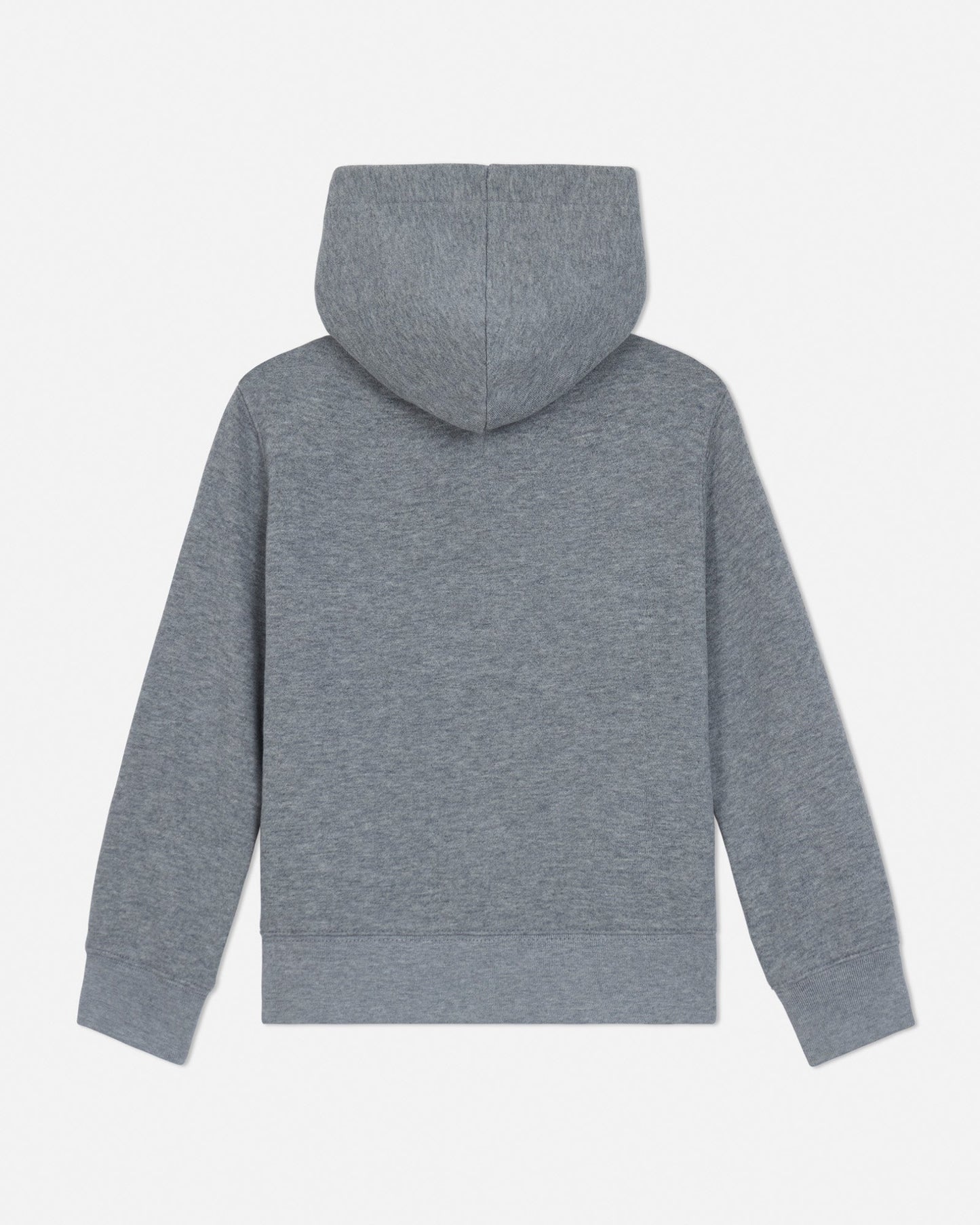 Back of gray toddler-sized hoodie with brand logos on a light gray background#color_gray