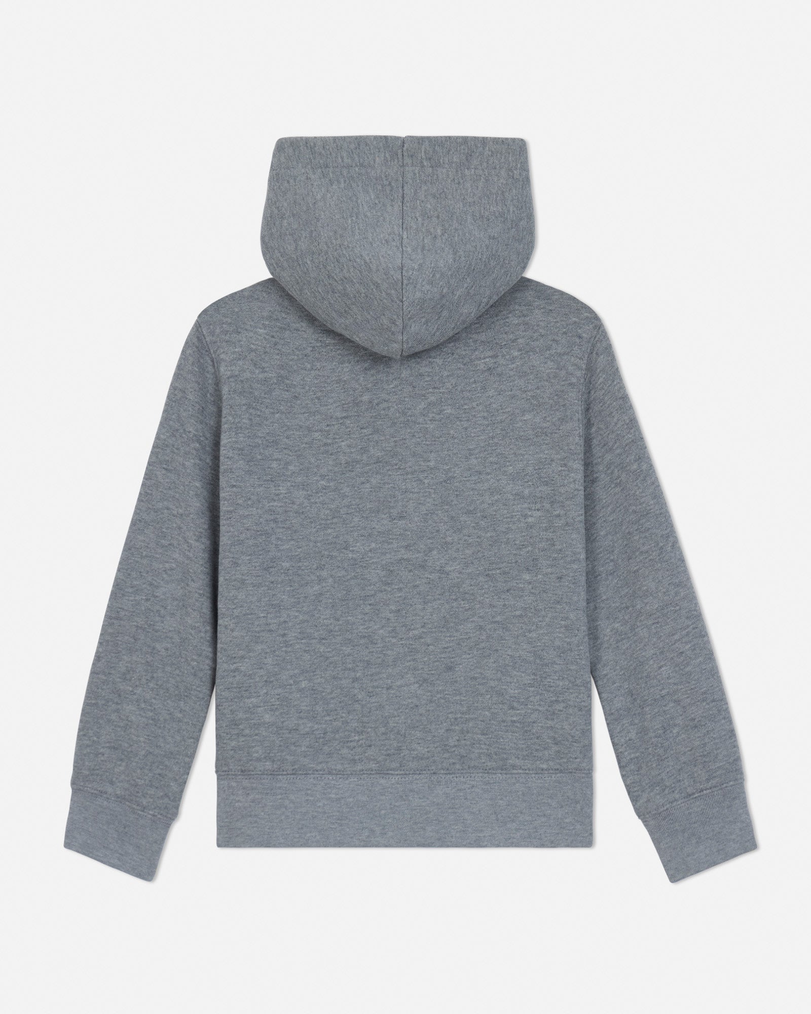Back of gray toddler-sized hoodie with brand logos on a light gray background#color_gray