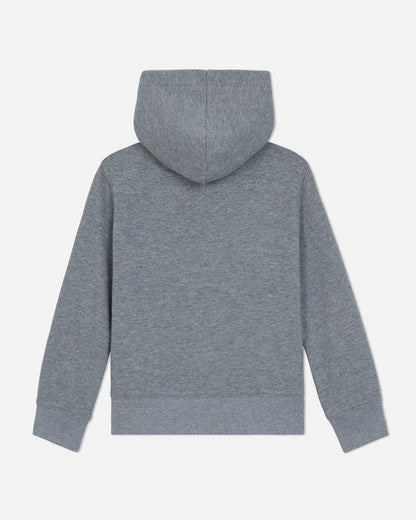 Back of gray toddler-sized hoodie with brand logos on a light gray background#color_gray