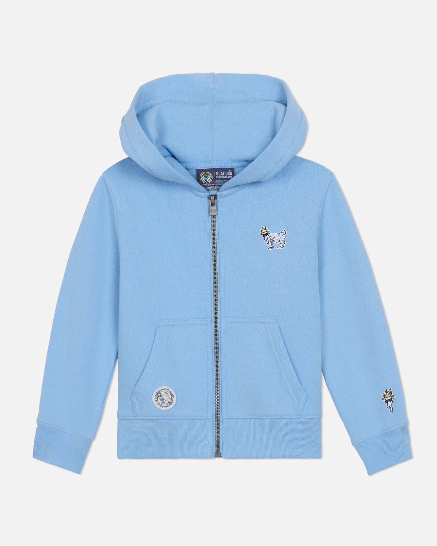 Light blue toddler-sized hoodie with a brand logo on a light gray background#color_carolina-blue