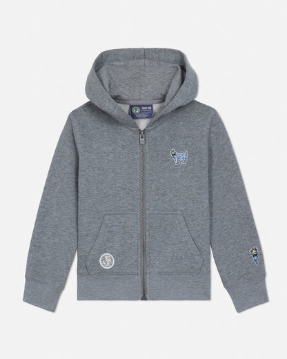 Gray toddler-sized hoodie with brand logos on a light gray background#color_gray