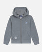 Gray toddler-sized hoodie with brand logos on a light gray background#color_gray