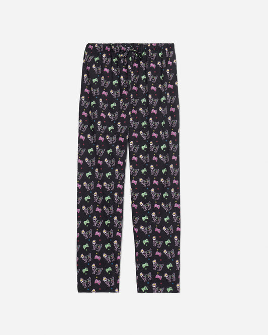 Front of black pajama pants with game controller and gamer goats pattern