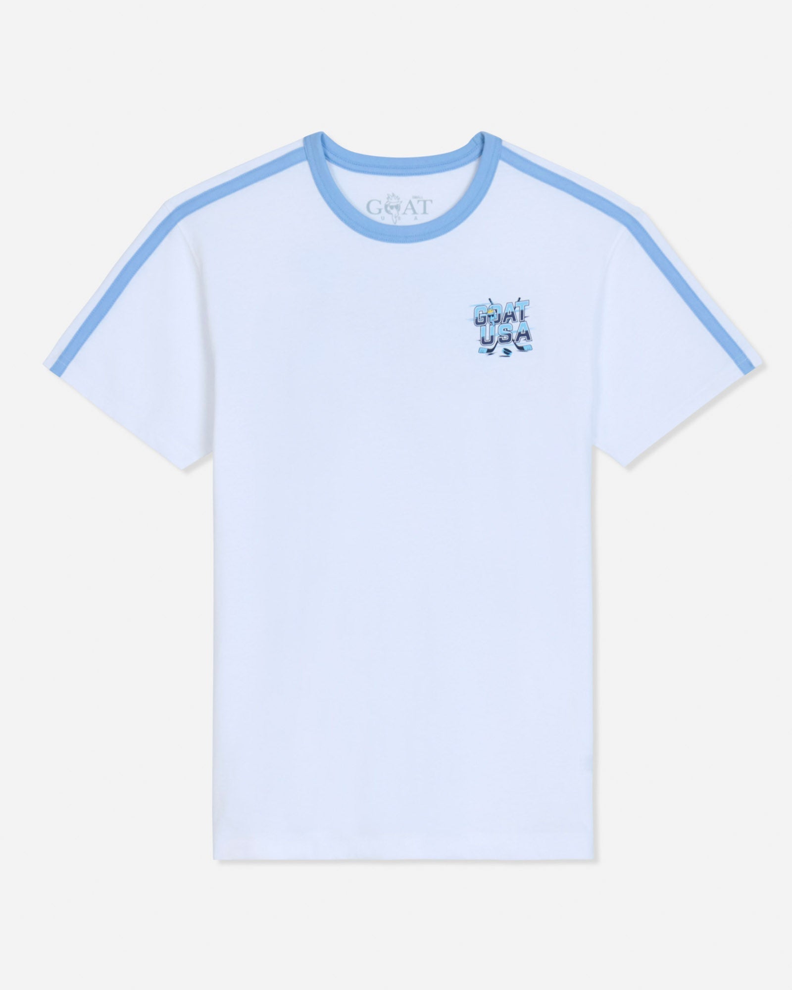 A white short-sleeve ringer T-shirt with light blue contrast trim along the crew neck and sleeve shoulders, featuring a small blue graphic on the left chest.