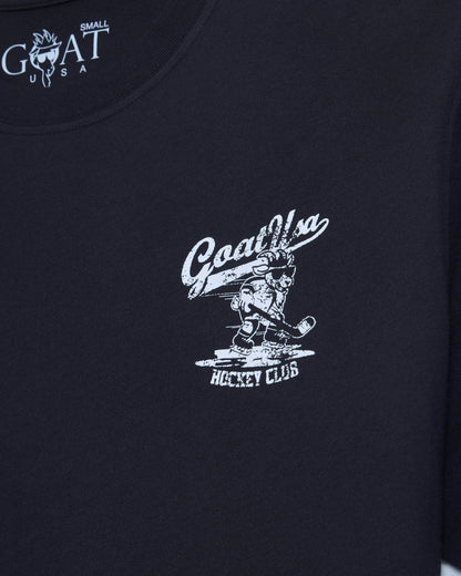Front of black t-shirt with goat hockey player left-chest graphic