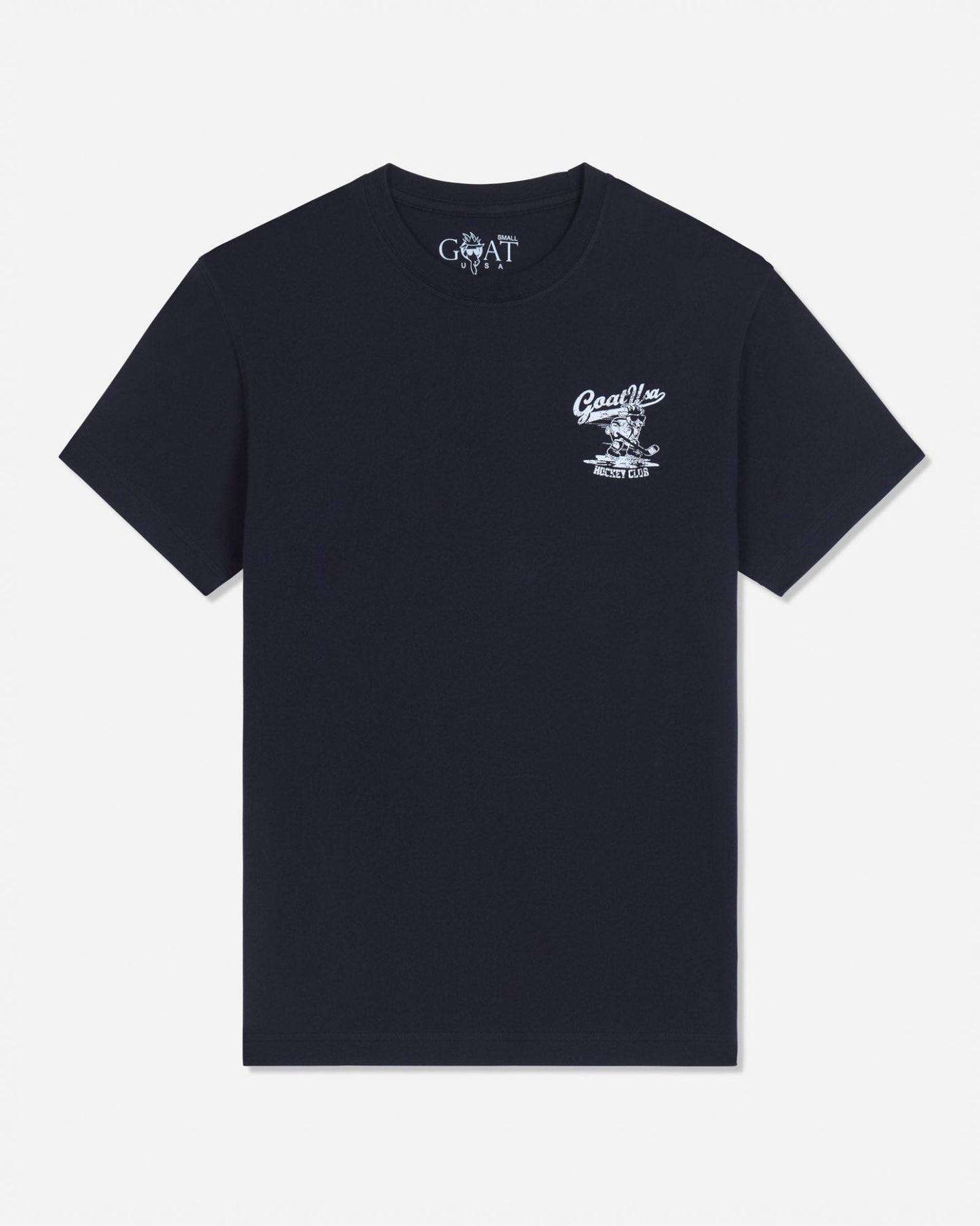 Front of black t-shirt with goat hockey player graphic