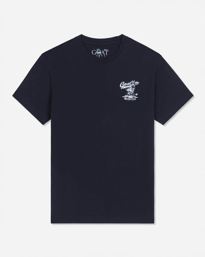 Front of black t-shirt with goat hockey player graphic