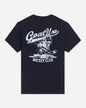 Back of black t-shirt with goat hockey player graphic