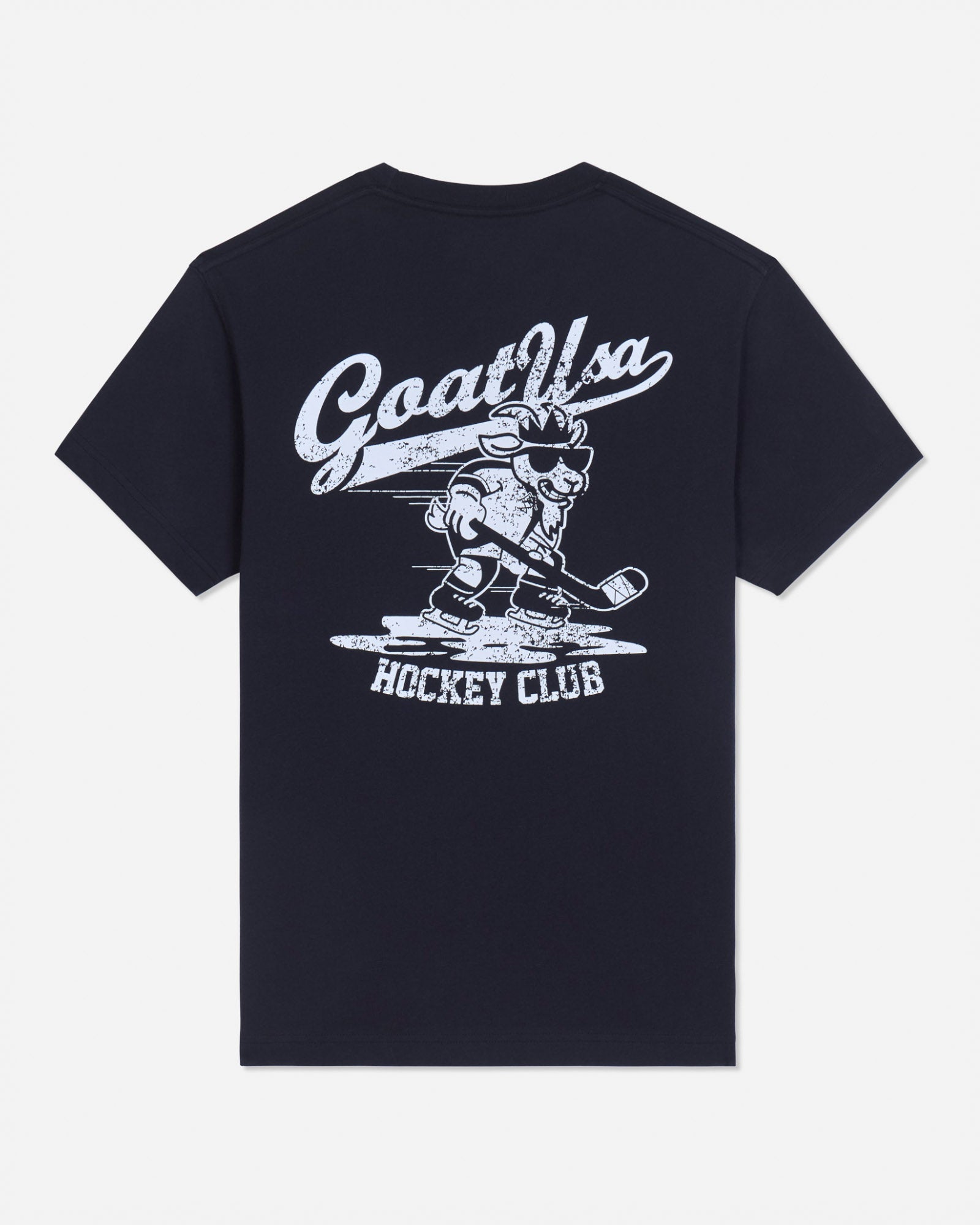Back of black t-shirt with goat hockey player graphic