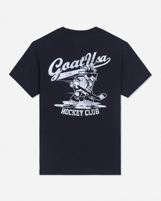 Back of black t-shirt with goat hockey player graphic
