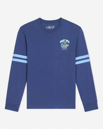 A blue long-sleeve crewneck shirt with light blue stripes on the sleeves and a small graphic on the left chest, displayed on a light gray background.