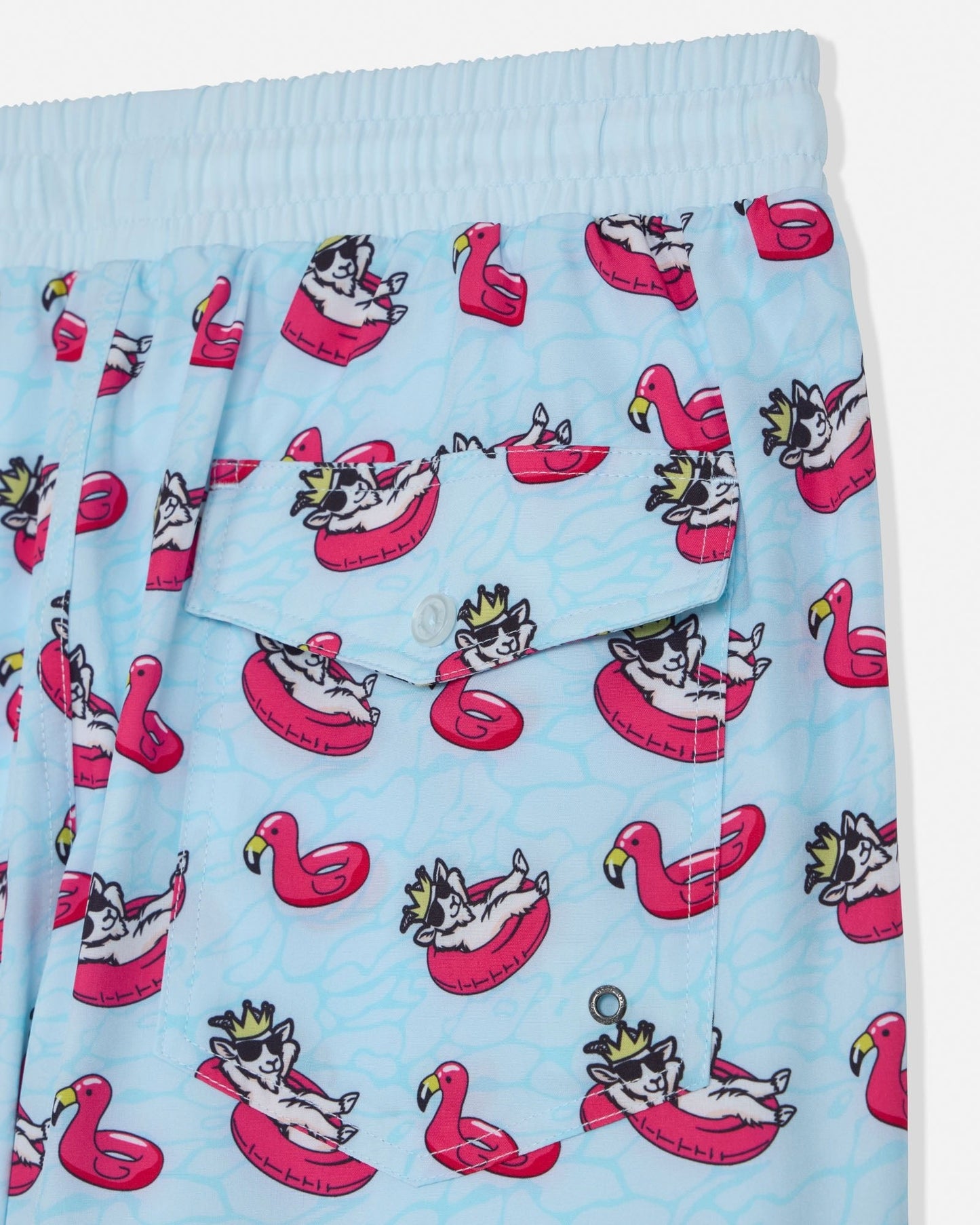 Light blue fabric with a goat and flamingo pool float pattern on a white background