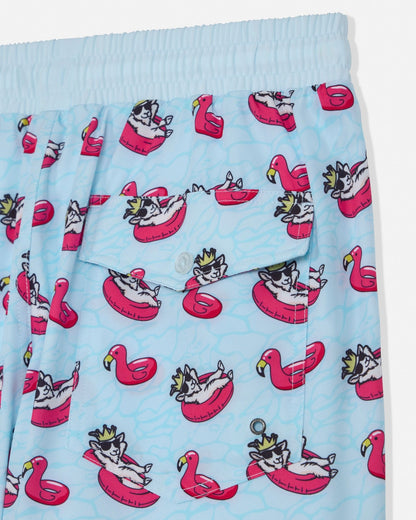 Light blue fabric with a goat and flamingo pool float pattern on a white background