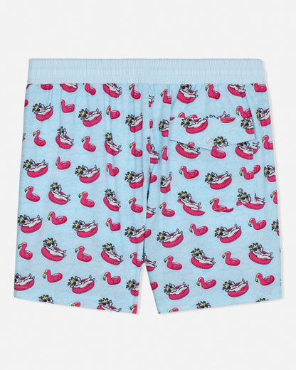 Light blue bathing suit with pink flamingo pool float pattern on a white background