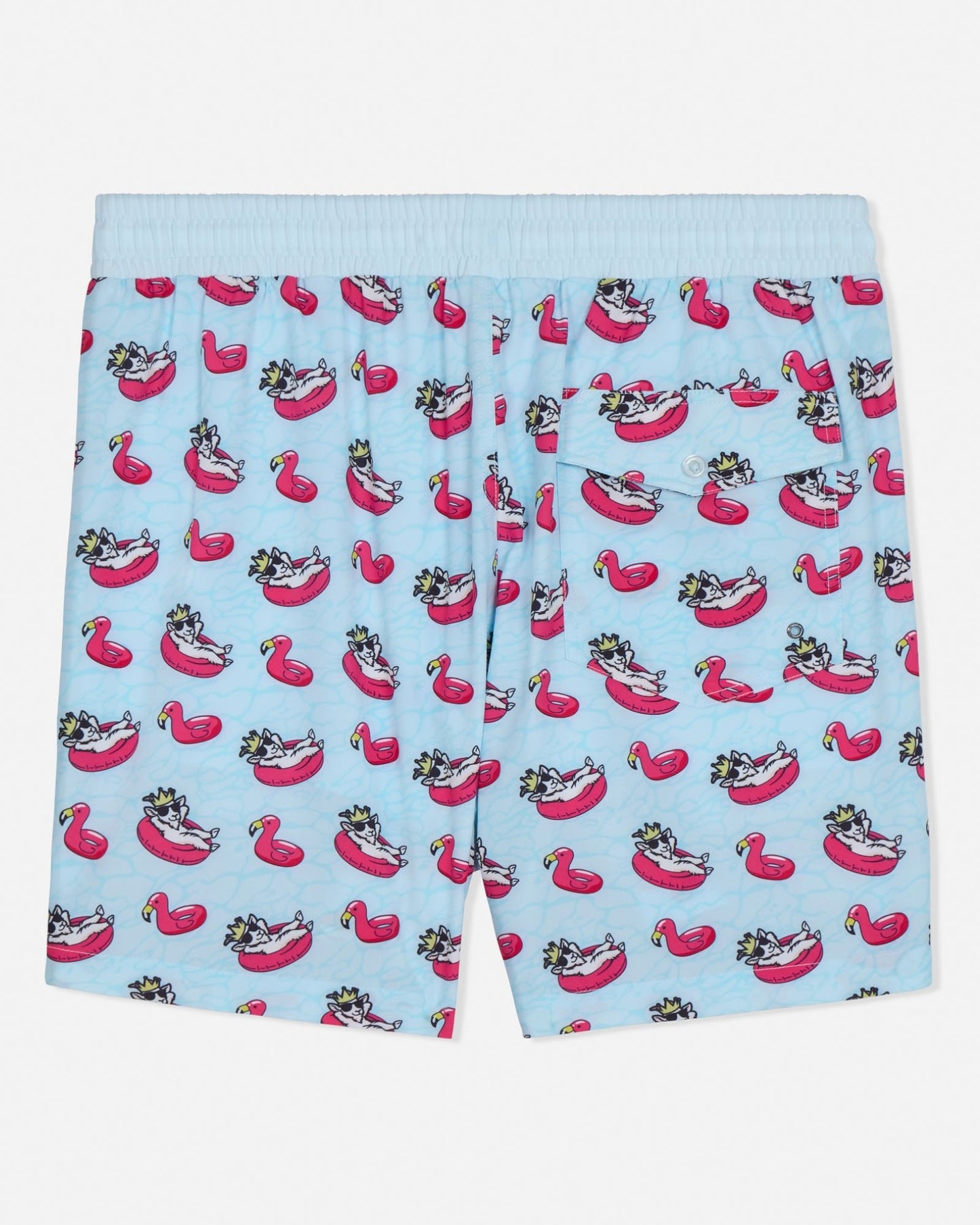 Light blue bathing suit with pink flamingo pool float pattern on a white background